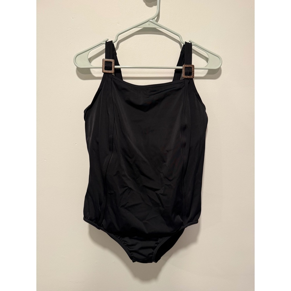 Lands End Womens 16W Black One Piece Swimsuit Underwire Tortoise Buckle Slimming